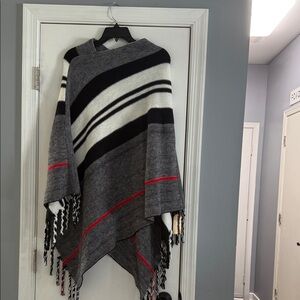 Chic Black and Gray Striped Cape with Red Highlights